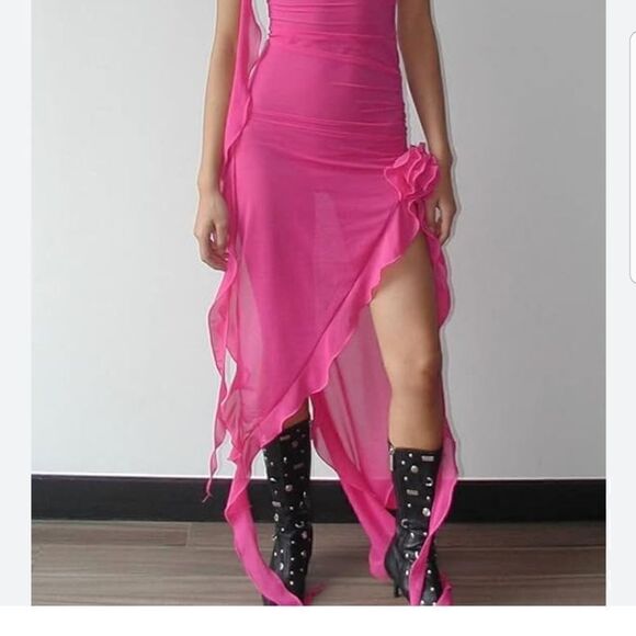 Women 3D Flower Irregular Ruffle Dress Y2k Sleeveless Split Long Dress LARGE - Picture 6 of 16